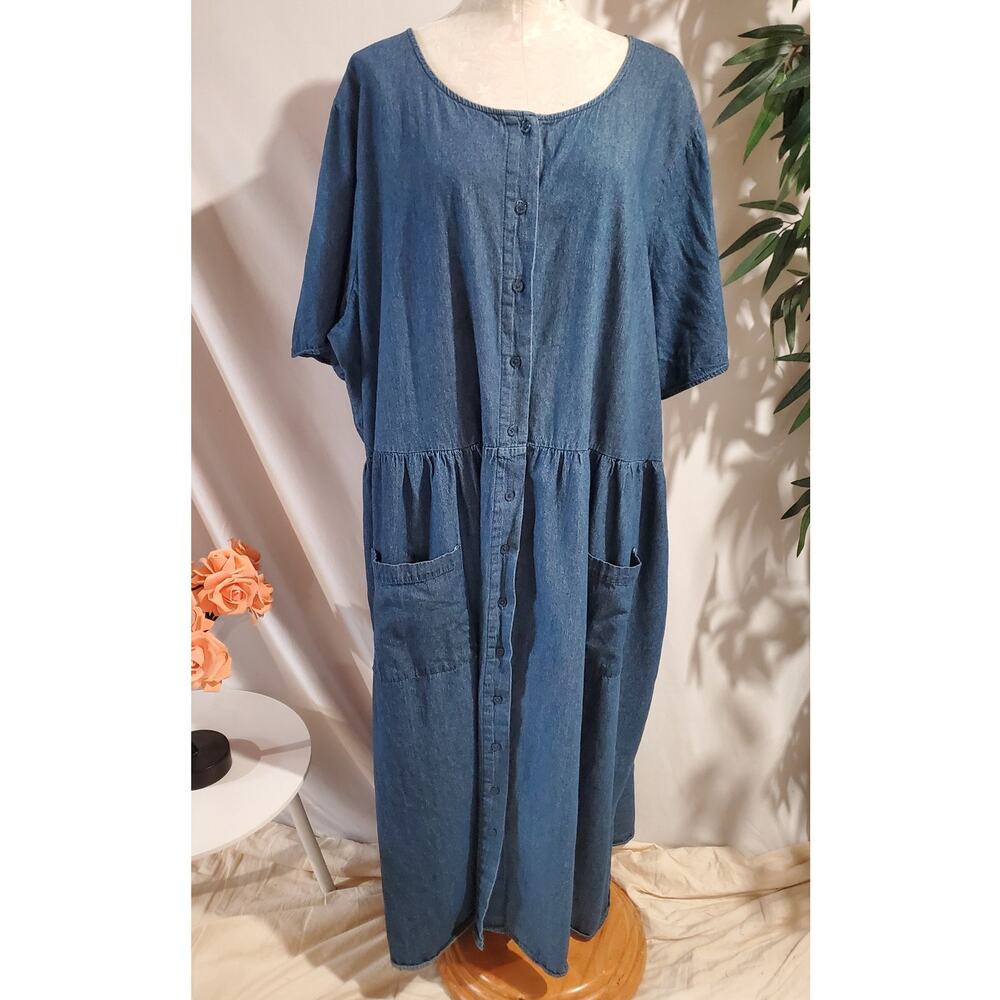 Woman Within Denim Button Maxi Dress Plus Size 32W Blue Modest Cottage Pockets